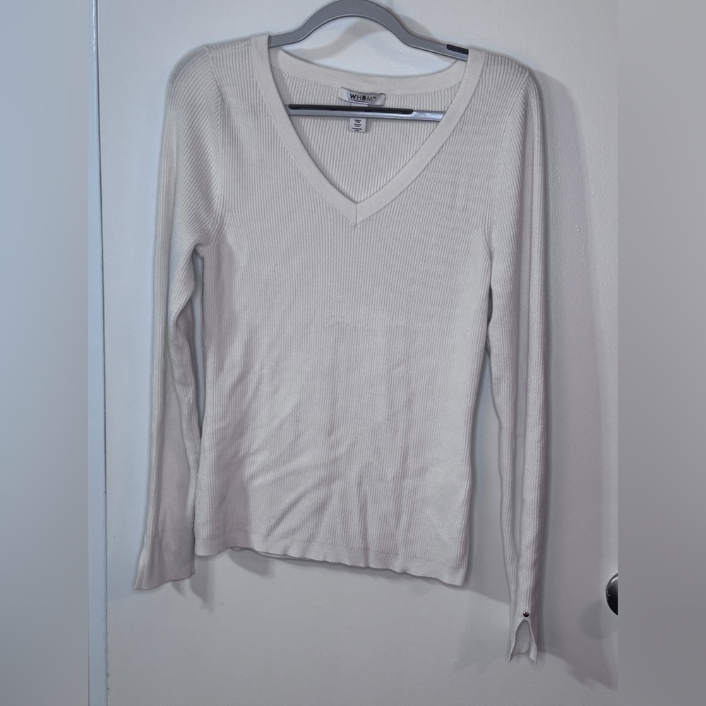 White House Black Market Cream Ribbed V-Neck Long Sleeve Tee